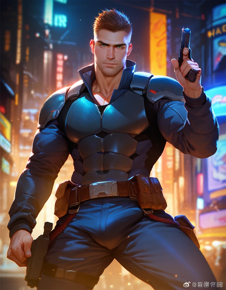 score_9, score_8_up, score_7_up, 1 man, solo, handsome, warrior, cyberpunk, realistic photo, armor, sexy, seductive gaze, muscular, bulge, night, pointing a pistol at the viewer