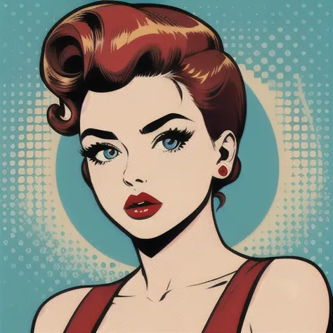 pop art,1girl, solo, upper body, ginger hair, red lips, looking at viewer, victory rolls