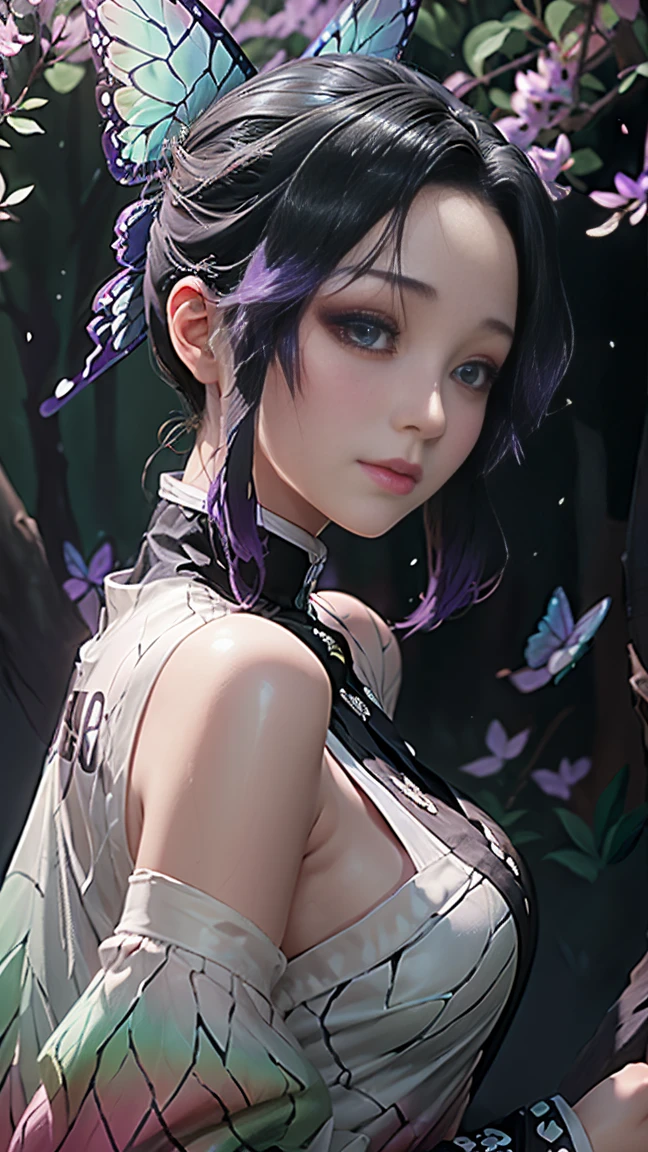 Ultra-realistic 8k CG, masterpiece, ((ultra-detailed background, delicate pattern, intricate details)),best quality, very detailed face, extremely detailed eyes and face, extremely detailed eyes, shinobu kochou, kochou shinobu, lying down in a forest with butterfly wings in her hair, wearing a black dress adorned with purple butterflies. The scene is illuminated with soft, ethereal light, featuring detailed and delicate art style similar to that of Guweiz and Artgerm. The artwork is extremely detailed, trending on CGstation, with bokeh effects in the background, captured in 8K resolution, perfect for an anime art. beautiful face