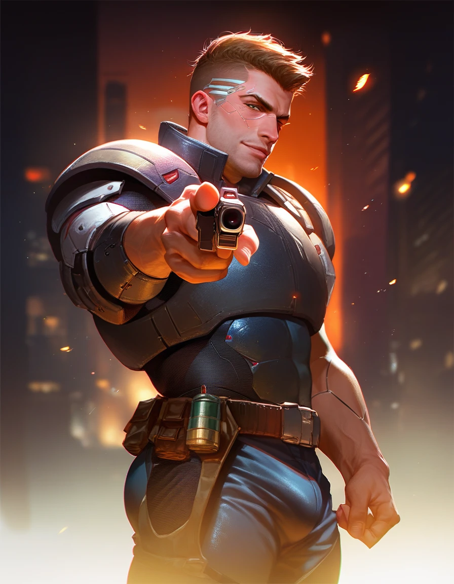 score_9, score_8_up, score_7_up, 1 man, solo, handsome, warrior, cyberpunk, realistic photo, armor, sexy, seductive gaze, bulge, night, pointing a pistol at the viewer, side view, eletronic body
