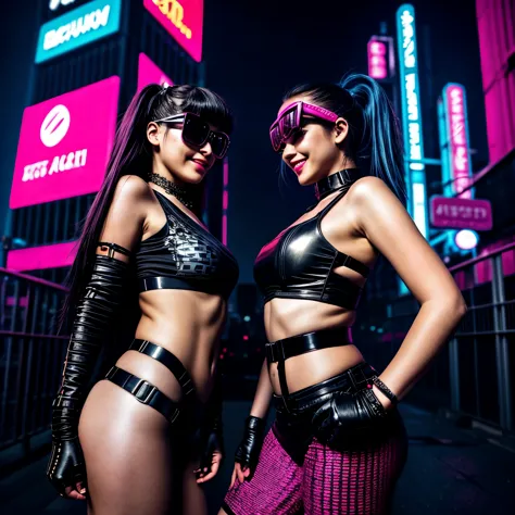 masterpiece, best quality, ((smiling)) cyberpunk girls standing, sunglasses,  side view, Harajuku-inspired cyberpunk body harnes...