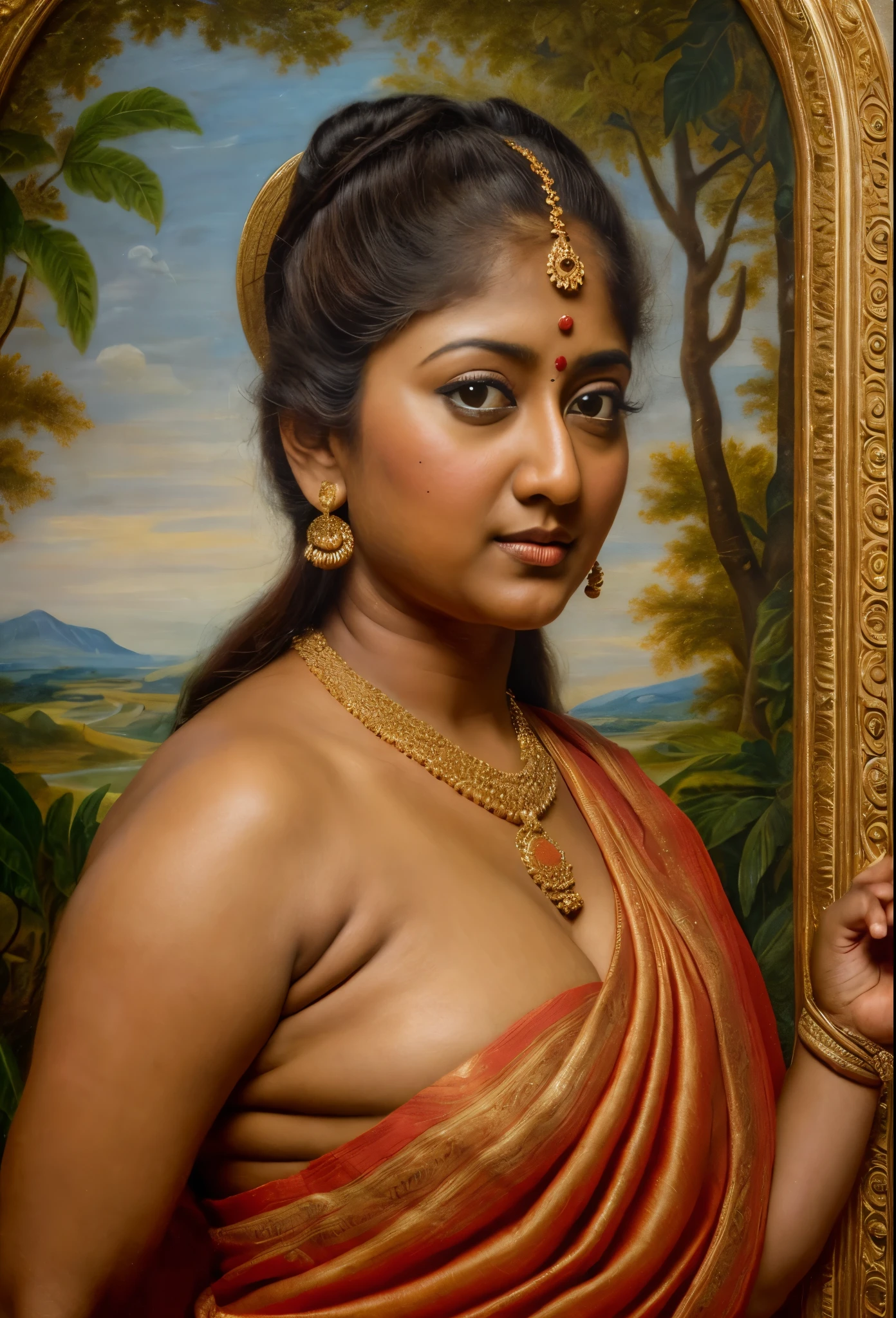 Looks like Nayanthara, exotic Indian art, inspired by oviyar maruthi style painting, inspired by mohanan manimala, Full figured beautiful woman, Apsara, Masterpiece, Beautiful Thick Woman, Best quality, high clarity eyes, critically flawless,sharp picture, Full portrait, High pixels, perfect face, perfect eyes, beautiful face, perfect hands,perfect fingers, in Peter Paul Rubens style, by Peter Paul Rubens, baroque style, acrylic on canvas, highly detailed, description: "Create a nymph inspired by the tales of Greek or Roman mythology, embodying the essence of a natural element or location, and possessing a unique ability or trait that sets her apart."