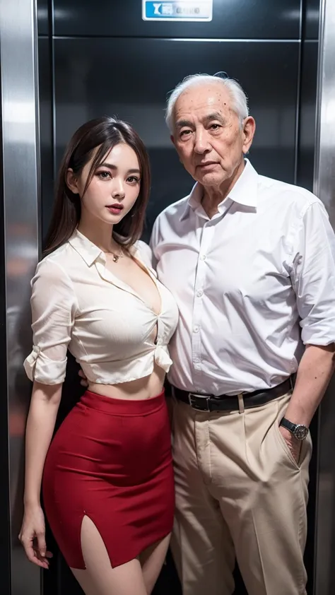 2boys, oldman, photo of a young asian woman (sandwiched between two old guys), 1girl wearing crop business suit, thigh skirt , t...