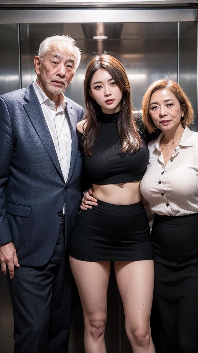 2boys, oldman, Photo of a young asian woman (sandwiched between two old guys), 1girl wearing crop business suit, thigh skirt , threesome, in a crowded elevator, detailed character design (masterpiece, photorealistic:1.2), high quality, intricate details, highly detailed background, 8k