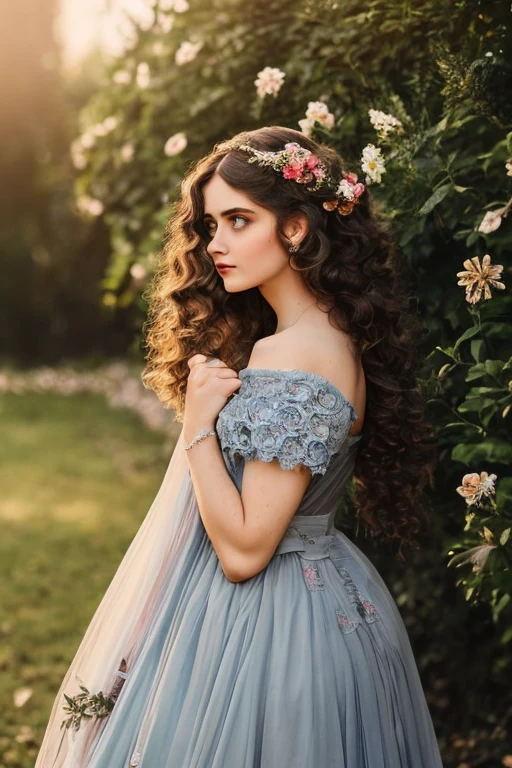 A beautiful young girl in a garden, brown curly hair, piercing blue eyes, delicate face, elegant long dress, 1900s victorian style, cinematic lighting, natural background, high quality, hyper realistic, intricate details, vivid colors, sharp focus, masterpiece