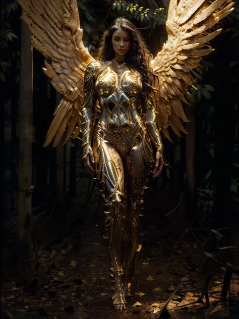 (naked angel girl)), big gold robotic angel wings, ((jungle above)),  (best quality, 8K, Masterpiece: 1.3)), Sharp focus: 1.2, f...