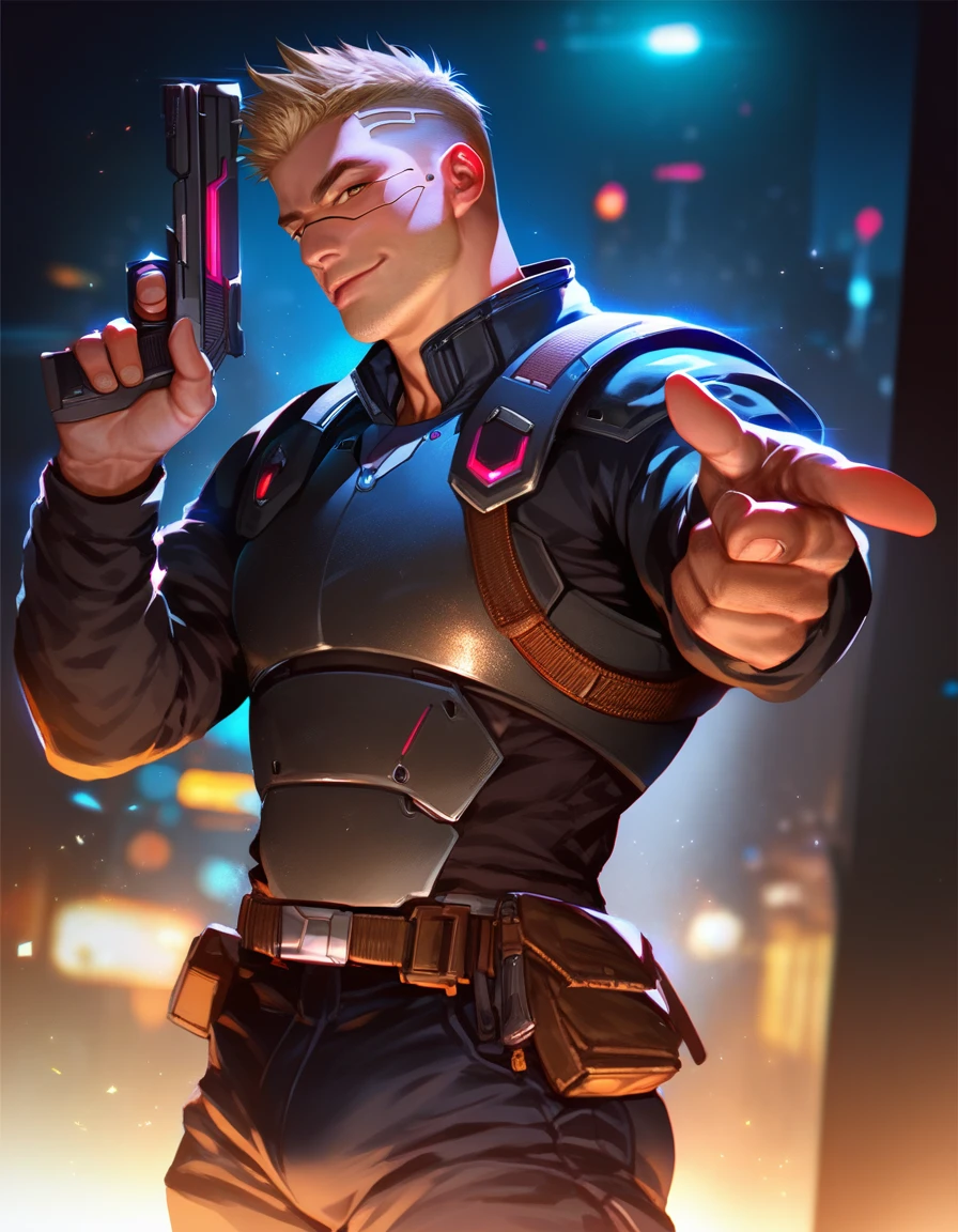score_9, score_8_up, score_7_up, 1 man, solo, handsome, warrior, cyberpunk, realistic photo, armor, sexy, seductive gaze, bulge, night, pointing a pistol at the viewer, side view, eletronic body, confident pose, dynamic angle