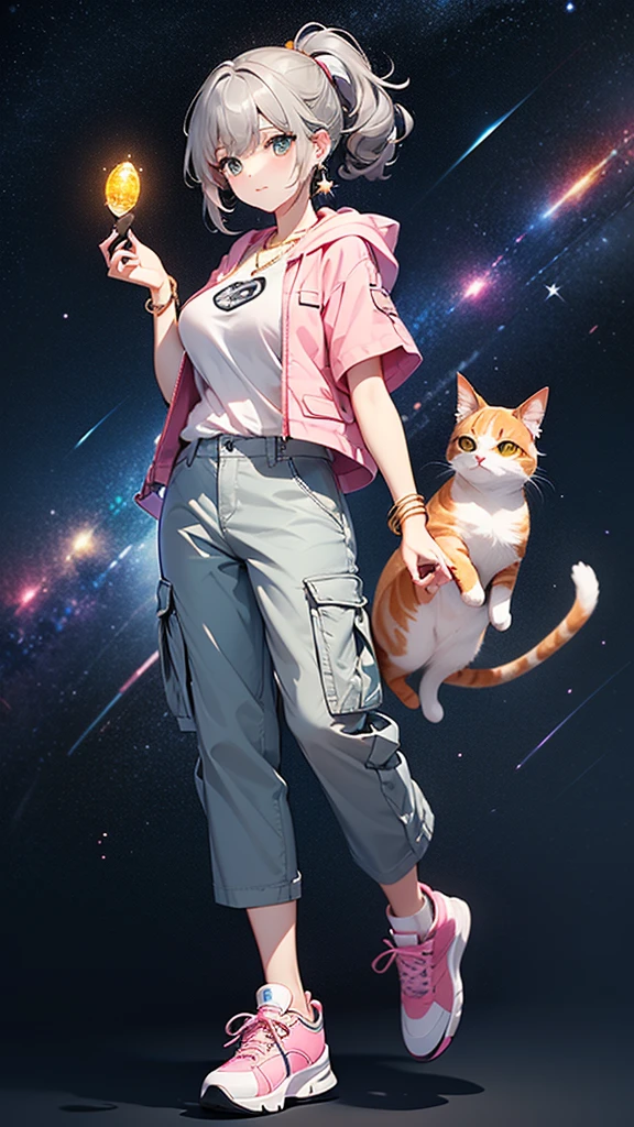 (((Holding a cute orange bantam cat in both hands)))，((Highest quality，masterpiece，Full body front view of a mature beauty with big breasts，Air bangs，Blue gray high ponytail super long straight hair，Slightly curly hair on double sideburns，Hair ends curled in，Gray and pink short T-shirt，Light blue denim gray hooded jacket，Black and gray long and wide cargo pants，Pink and white sneakers))，Simple, small and exquisite round necklace，Little star earrings，Wearing a very thin gold bracelet on the right hand，starry sky galaxy background，Look at the camera