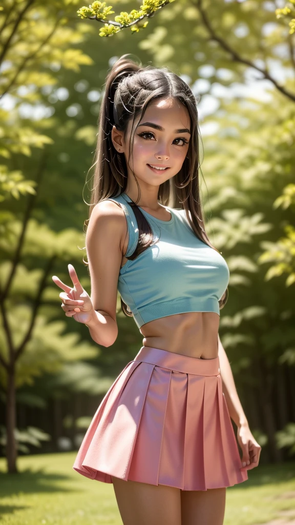 create a visually stunning and detailed artwork featuring a teenage anime girl as the central focus. The girl should have twin tails and be dressed in a stylish outfit consisting of a pastel pink top that exposes her midriff and a light blue skirt. Her expression should exude cheerfulness and playfulness, with a slight smile and bright, sparkling eyes. Pose her standing confidently with one hand on her hip and the other raised to her face in a playful gesture, perhaps as if she's about to wink or blow a kiss.The background setting should depict a vibrant and bustling park scene on a sunny day. Include lush trees, lush greenery, and colorful flowers to create a lively and inviting atmosphere. Ensure that the sunlight filters through the trees, casting dappled patterns on the ground, and add additional elements such as fluttering leaves or birds flying overhead to enhance the dynamic nature of the scene.For the color scheme, use pastel pink for the top, light blue for the skirt, and render her hair in a luxurious golden blonde with subtle highlights for added depth. Ensure that the colors are vibrant and harmonious, adding to the overall charm and appeal of the artwork.Lastly, pay careful attention to composition and framing, ensuring that the anime girl is positioned centrally in the artwork to emphasize her as the main subject. Utilize creative angles and perspectives to add visual interest and depth to the scene, making it truly captivating and immersive.