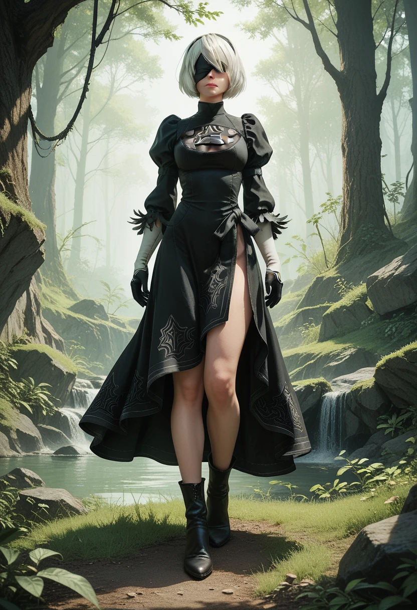 score_9, score_8_en haut, score_7_en haut,score_6_en haut, score_5_en haut, 2b_(NieR:Automates), NieR_(série), 1fille, blanc_cheveux, Couvert_yeux, Robe noire, tout le corps, bottes,