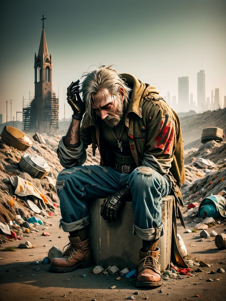 wasteland，A very poor old mech sitting on a rock thinking，Thinker，Hand on cheek，(Sitting:1.2)，rust，Wearing tattered red armor，The skyline in the distance，Gothic，moss，A small white flower，Cemetery，Gothic Church，Blood red moon，Gothic Elements，wildfires，cold，gloomy