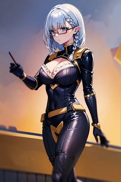 beta
cape, bodysuit, gloves, black leggings
white shirt, frills, pencil skirt, cleavage
glasses