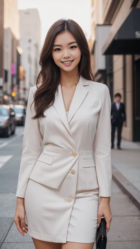 (A woman wearing business clothes:1.3)、22 year old Japanese woman very beautiful woman、cute face、portraite、Detailed texture skin...