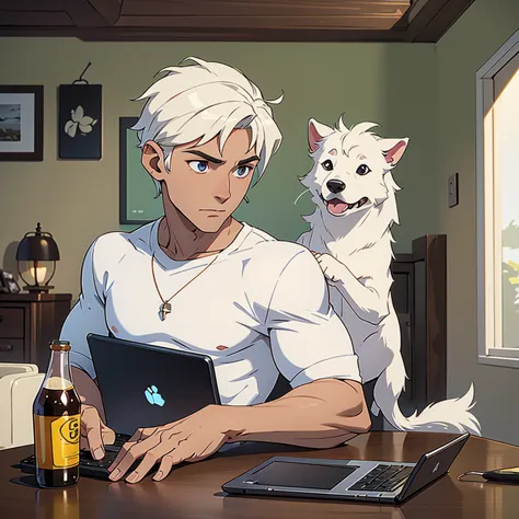 a guy in the house with his white dog, and there's a laptop at the table
