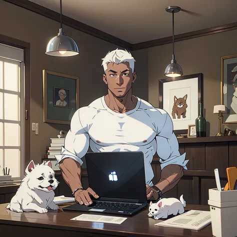 a guy in the house with his white dog, and there's a laptop at the table