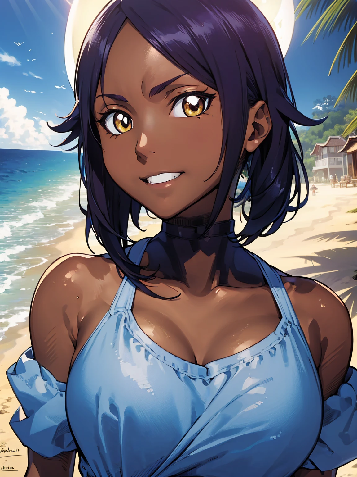 ((ultra detailed work)) , ((vivid colors solar lighting)) , ((face detailed)) , ((body detailed)) a beautiful dark-skinned young woman on a beach with a beautiful smile. Yoruichi shihouin