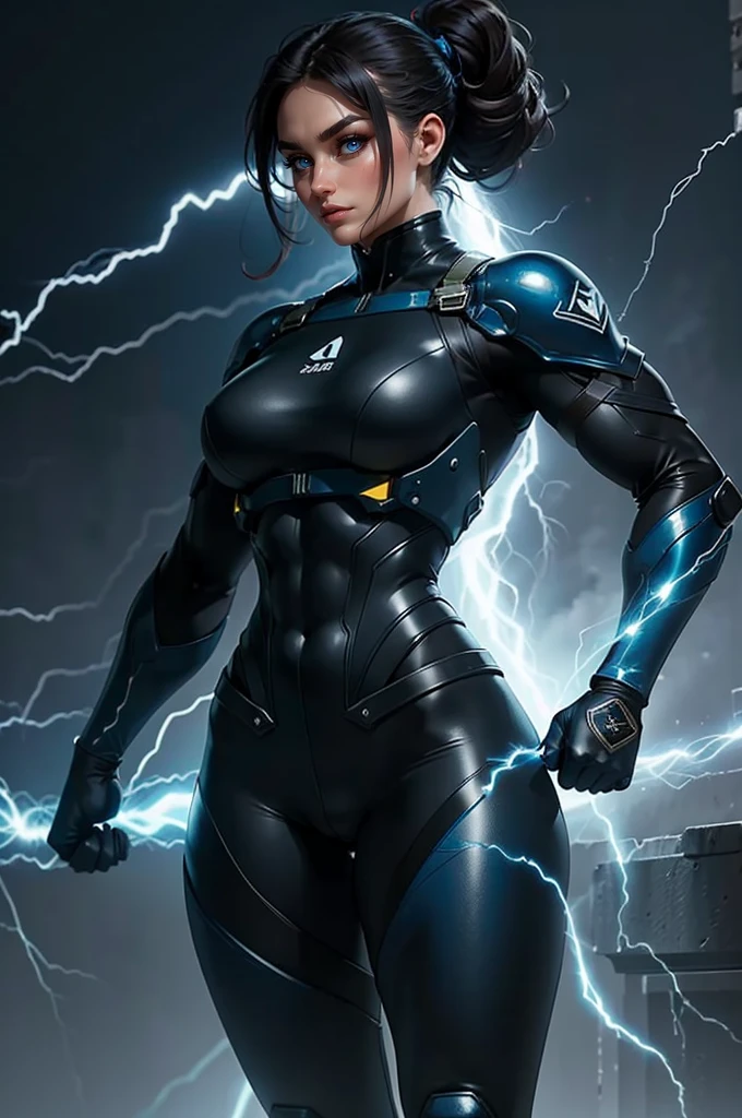 A physically strong woman in a sleek, modern military uniform stands confidently. Her uniform includes a tactical combat vest over a tight, high-tech athletic top that emphasizes her muscular build. Her toned arms and defined abs are visible, showcasing her strength and fitness. The uniform also features advanced technological enhancements, including integrated armor plates and military insignia, reflecting her high rank and expertise. Her eyes glow with a fierce electric blue, and arcs of electricity crackle around her hands and arms, illuminating her determined expression. Powerful currents of energy surge around her, creating a dynamic aura of electric power. Her hair flows wildly, charged with static energy. She wears tactical pants and sturdy combat boots, completing her battle-ready look. She stands in a dynamic pose, ready for action, against a dark, stormy background with flashes of lightning highlighting her silhouette. The scene exudes power and intensity, capturing the essence of her formidable electric abilities and her impressive physical strength.
