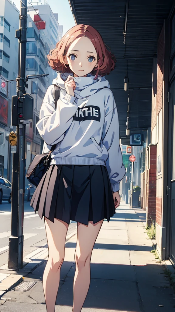 (((傑作))) 4K HD, 詳細背景, Haru Okumura, 無邪気な笑顔, オーバーサイズのセーター, スカート, 立っている, 屋外, かわいい