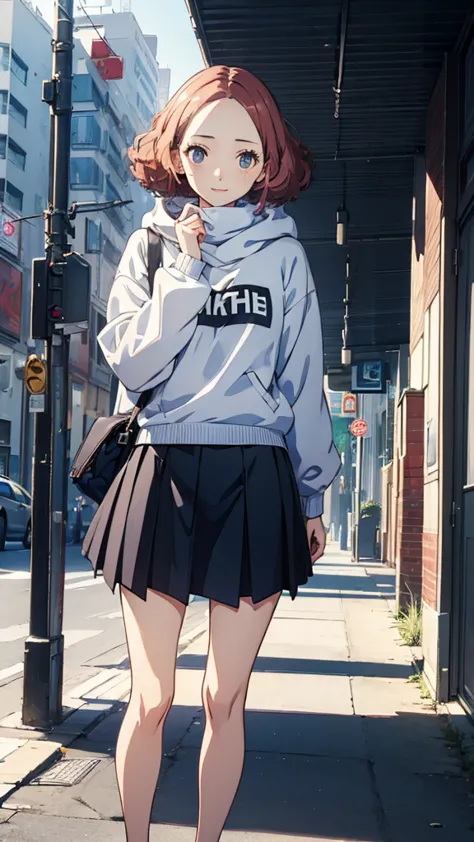 (((masterpiece))) 4k HD, detail background, Haru Okumura, innocent smile, oversize sweater, skirt, standing, outdoor, cute