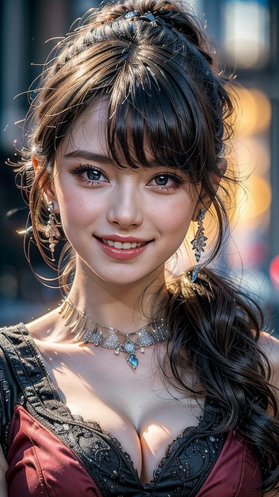 (high quality , Super detailed:1.2 ) , (Highly detailed beautiful face:1.4), ((Highest quality)), ((masterpiece)),smile ,beautiful woman, ((highest quality)), ((masterpiece)), (be familiar with), perfect face、(8K, highest quality, masterpiece:1.2),(highest quality:1.0), (ultra high resolution:1.0),((Natural big breasts:1.2)),((Upper Body))