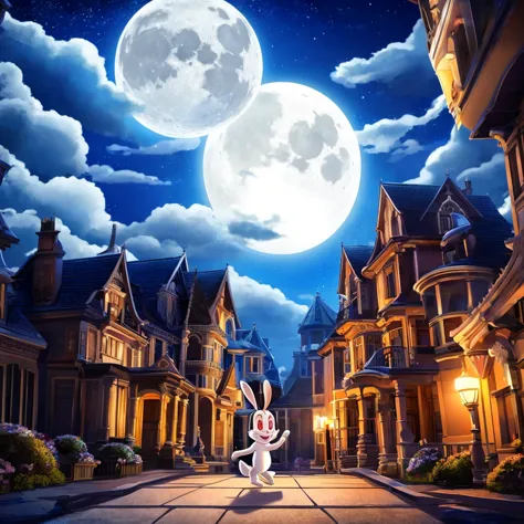 bunniculabunni, alone,  red eyes,  chibi,  white sclera, [mamsion, big, outside the mansion, moon shining, clouds, street , brig...