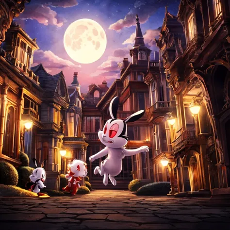 bunniculabunni, alone,  red eyes,  chibi,  white sclera, [mamsion, focus close close, outside the mansion,1 moon shining, clouds...