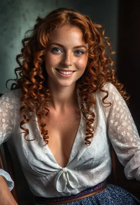 HDR photo of woman, spiral curls, long auburn hair, (freckles:0.6), beautiful low cut blouse, long skirt, sitting on a chair in ...