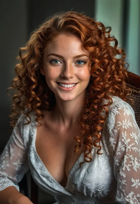 HDR photo of woman, spiral curls, long auburn hair, (freckles:0.6), beautiful low cut blouse, long skirt, sitting on a chair in ...