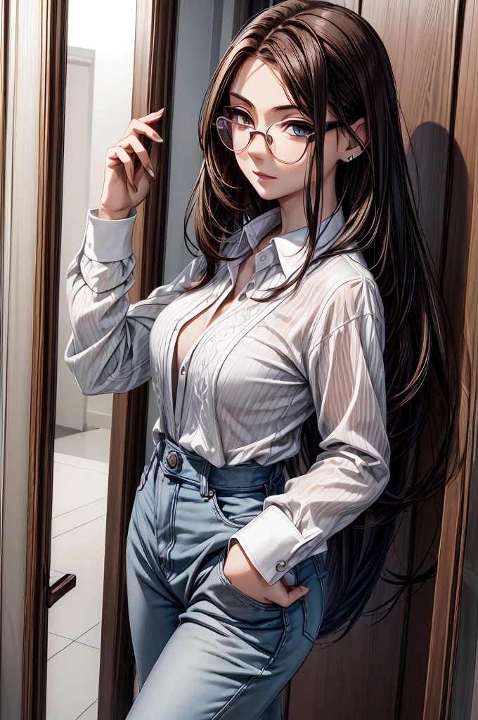 (masterpiece, best quality:1.2), detailed face, detailed eyes, elegant woman, long hair, high heeled,shiny skin,welcomes you at the door, Shirt, pants,random colar, ponitail hair,cool attitude,cool glasses,exciting,cool, perfect hand:1