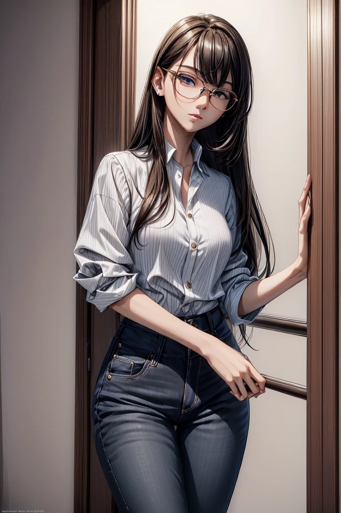 (masterpiece, best quality:1.2), detailed face, detailed eyes, elegant woman, long hair, high heeled,shiny skin,welcomes you at the door, Shirt, pants,random colar, ponitail hair,cool attitude,cool glasses,exciting,cool, perfect hand:1