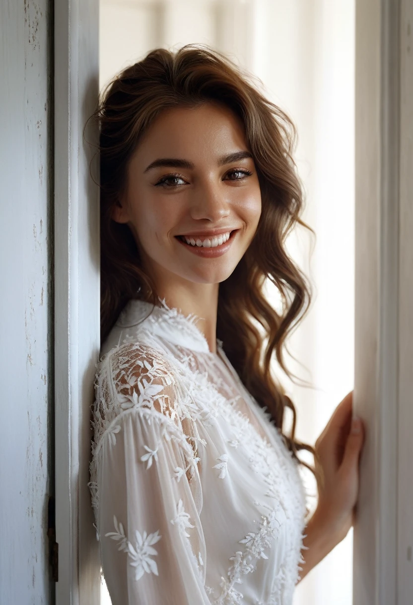 uma jovem sorrindo em um vestido branco perto do batente de uma porta, no estilo de Yigal Ozeri, 32 mil HD, Carol atrás, close-ups intensos, desgastado, ondulado, beleza idealizada --ar 36:55 --estilizar 750 --v 6