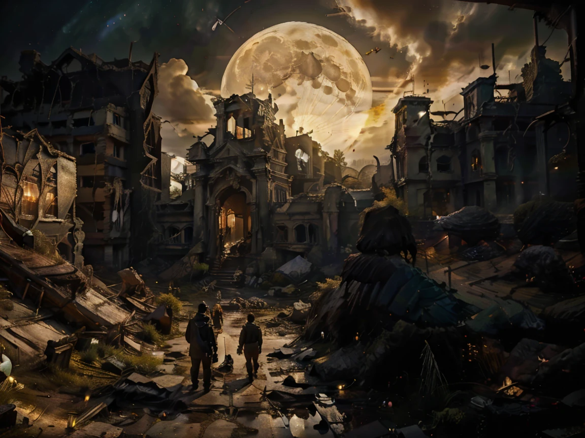 Travelers in fallen ruins search for artifacts. The entire scene exudes a sinister atmosphere, contrasting with the beautiful golden ruins. Men look for treasures in the foreground. A huge moon in the sky, looking like a woman curled up.