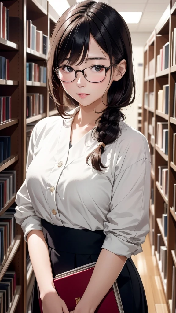 傑作, 最好的品質, 8K, 1. 年輕的日本女人, 知性的樣子, 圖書館, 聚焦, 被書包圍, 眼鏡, 休閒服裝, 自然髮型, 柔光, 專業攝影, 畫像, 上半身, 複雜的, (眼睛和臉部細節:1.2), 氣氛熱烈