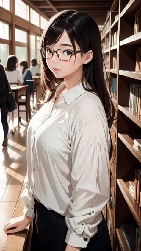 masterpiece, Highest quality, 8K, 1. Young Japanese Woman, Intellectual look, library, focusing, Surrounded by books, Glasses, C...