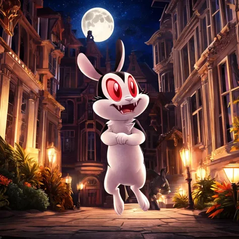 bunniculabunni, alone,  red eyes,  chibi,  white sclera, [mamsion, focus close close, outside the mansion,1 moon shining, clouds...