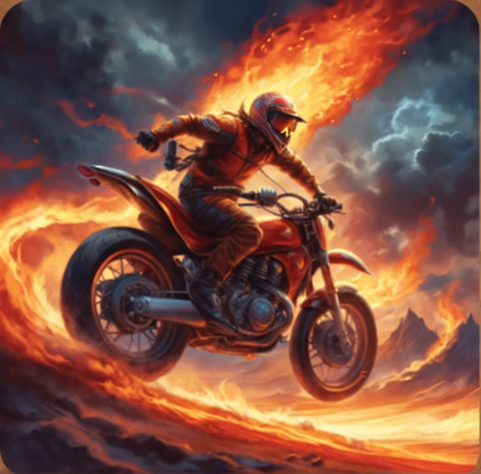 a man riding a motorcycle through a fiery sky, trading card art, motormotorcyclists race in hell, motorcycle concept art, motorcyclist, Hearthstone card art, Hearthstone card artwork, magic the artistic style of the meeting, motormotorcyclist, fire storm, fantasy card game art, towards the walk of glory, epic fantasy card game art, motorcycles, motorcycle, andres rocha style