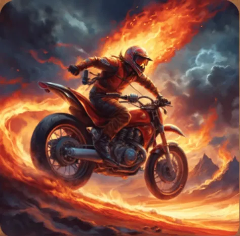 a man riding a motorcycle through a fiery sky, trading card art, motormotorcyclists race in hell, motorcycle concept art, motorc...