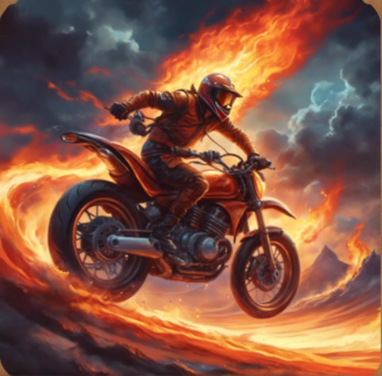 a man riding a motorcycle through a fiery sky, trading card art, motormotorcyclists race in hell, motorcycle concept art, motorcyclist, Hearthstone card art, Hearthstone card artwork, magic the artistic style of the meeting, motormotorcyclist, fire storm, fantasy card game art, towards the walk of glory, epic fantasy card game art, motorcycles, motorcycle, andres rocha style