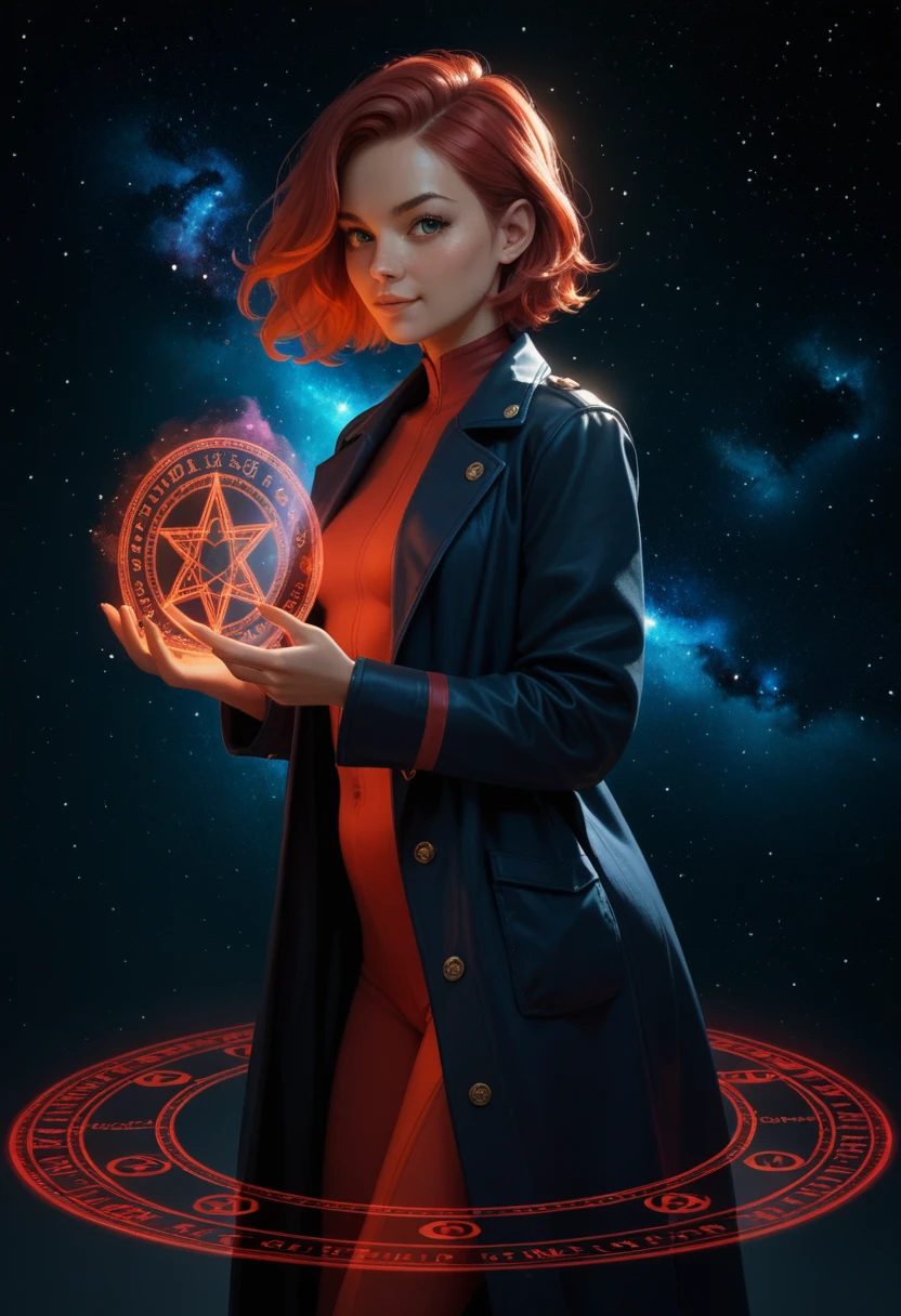 score_9, score_8_up, score_7_up,score_6_up, score_5_up, 1girl, looking at the viewer, red hair,  space, star, magic, magic circle, magic coat,