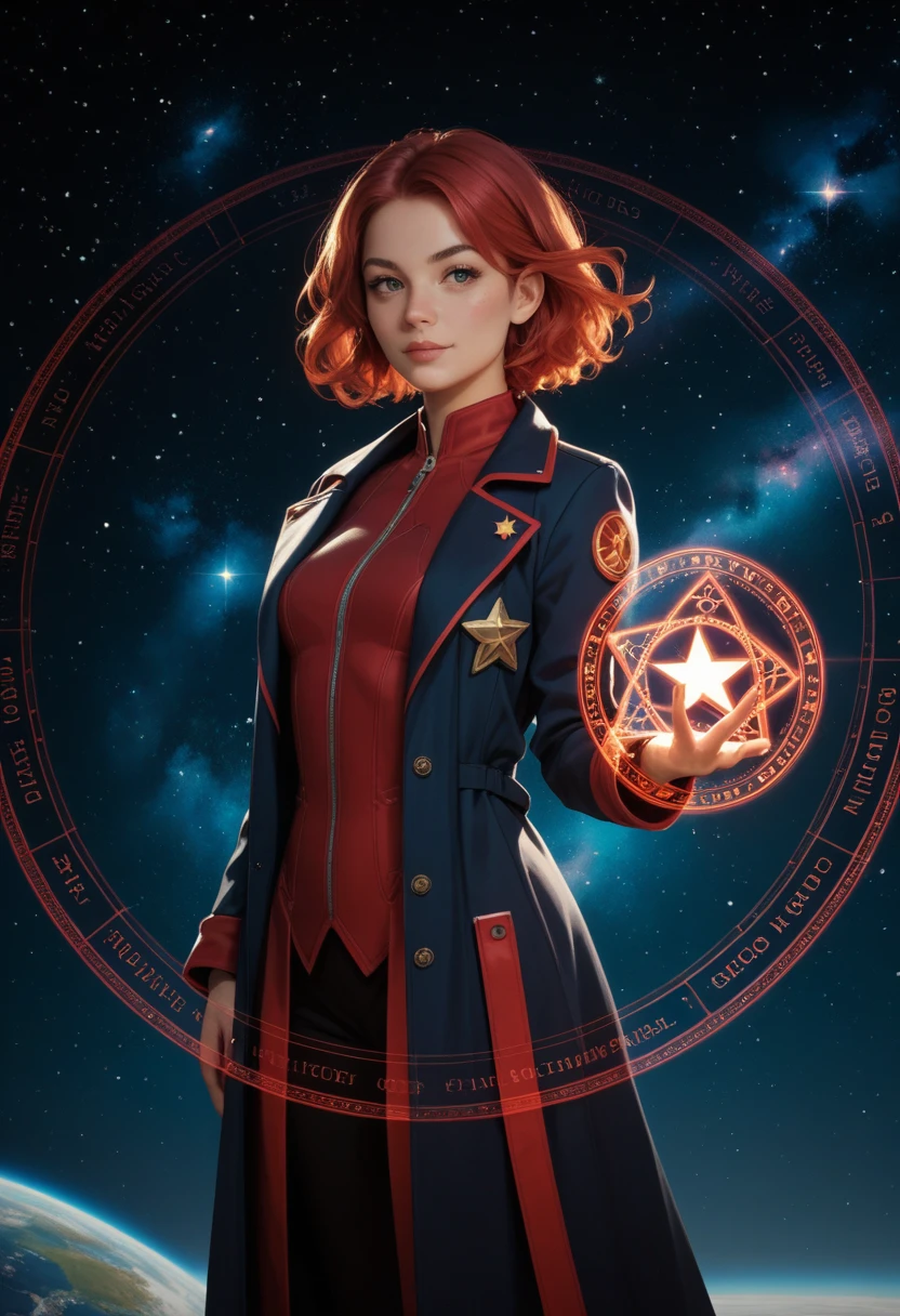 score_9, score_8_up, score_7_up,score_6_up, score_5_up, 1girl, looking at the viewer, red hair,  space, star, magic, magic circle, magic coat,