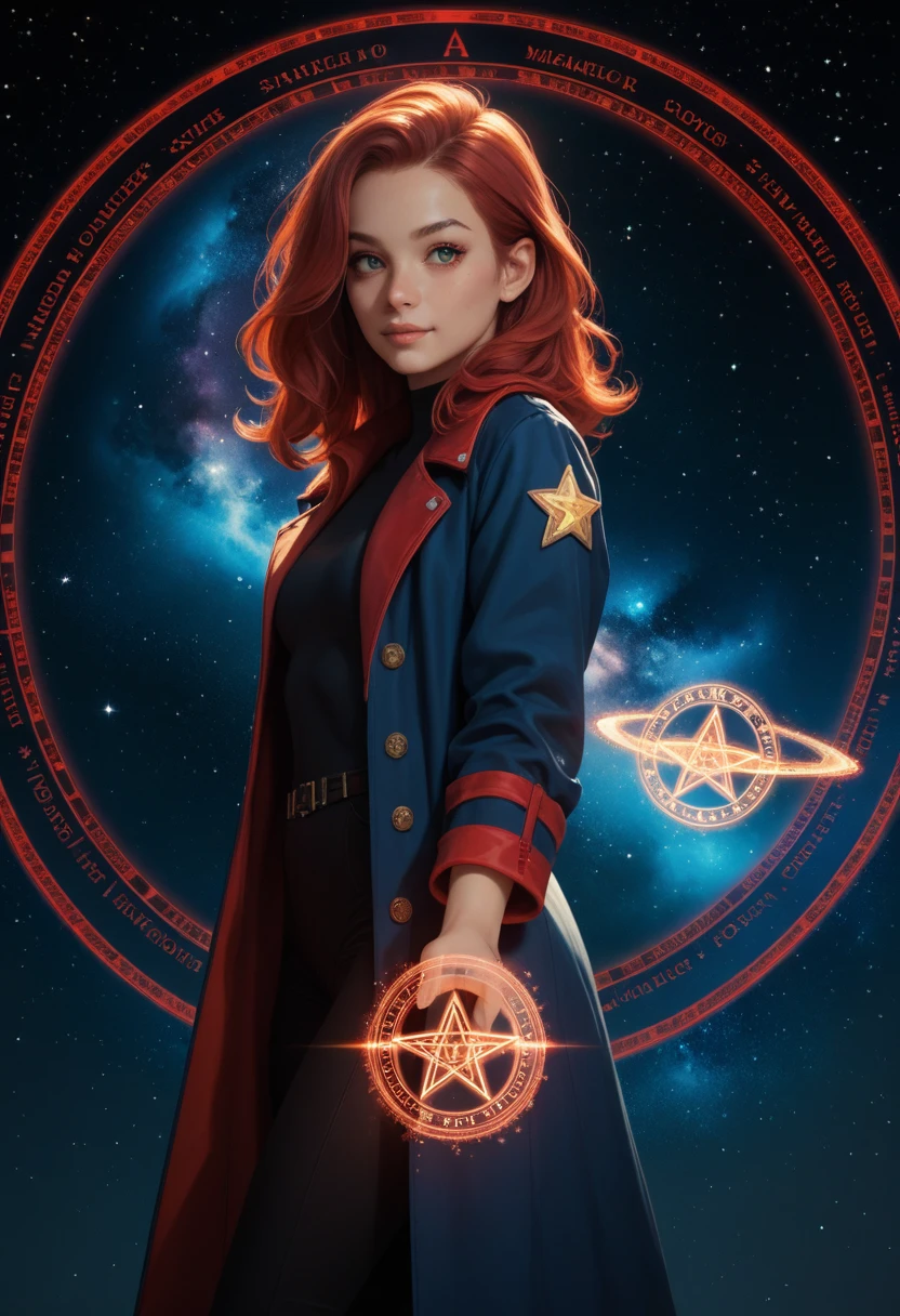 score_9, score_8_up, score_7_up,score_6_up, score_5_up, 1girl, looking at the viewer, red hair,  space, star, magic, magic circle, magic coat,