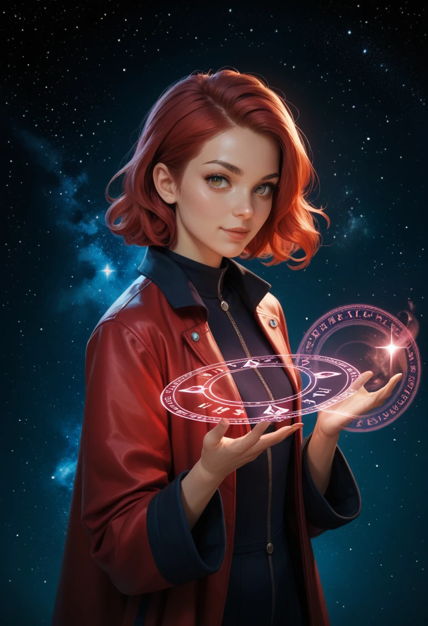 score_9, score_8_up, score_7_up,score_6_up, score_5_up, 1girl, looking at the viewer, red hair,  space, star, magic, magic circle, magic coat,