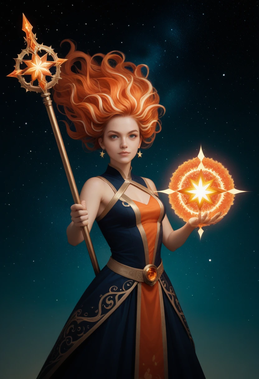 score_9, score_8_up, score_7_up,score_6_up, score_5_up,A girl holding a magical staff that is shooting vibrant, blazing fire, with an intense expression of focus and power on her face. The background is a breathtaking cosmic scene, resembling outer space, filled with twinkling stars, colorful nebulae, and distant galaxies. Glowing runes float around her, forming intricate patterns in the air. Swirling magical energy surrounds her, creating a mesmerizing aura. The girl has long, flowing hair that seems to ripple with energy, and she is dressed in an elaborate, fantasy-style outfit adorned with celestial motifs and shimmering fabrics. She stands in a dynamic pose, radiating confidence and strength as she wields the fiery staff, with ethereal lights illuminating the scene