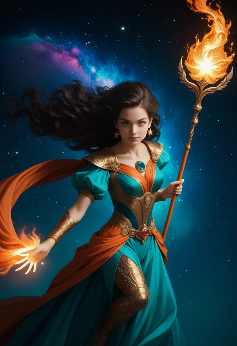 score_9, score_8_up, score_7_up,score_6_up, score_5_up,A girl holding a magical staff that is shooting vibrant, blazing fire, with an intense expression of focus and power on her face. The background is a breathtaking cosmic scene, resembling outer space, filled with twinkling stars, colorful nebulae, and distant galaxies. Glowing runes float around her, forming intricate patterns in the air. Swirling magical energy surrounds her, creating a mesmerizing aura. The girl has long, flowing hair that seems to ripple with energy, and she is dressed in an elaborate, fantasy-style outfit adorned with celestial motifs and shimmering fabrics. She stands in a dynamic pose, radiating confidence and strength as she wields the fiery staff, with ethereal lights illuminating the scene