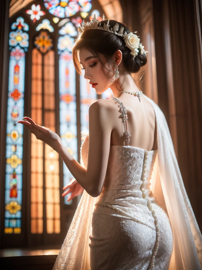 A woman, looking ethereal with her subtle stance and luminous skin, is clad in an enchanting white wedding dress exquisitely adorned with pearls and diamonds. She stands in the aisle of the monumental, age-old cathedral, relishing the mild light shimmering in through the stained glass windows. This light casts a divine play of hues onto her dress, giving it an otherworldly allure. The photographer positions the camera for a low-angle, face-on shot, emphasizing the symmetry of the cathedral and her serenity, (Close up shot: 1.6), (look back pose: 1.6).