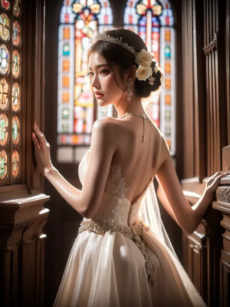 A woman, looking ethereal with her subtle stance and luminous skin, is clad in an enchanting white wedding dress exquisitely ado...