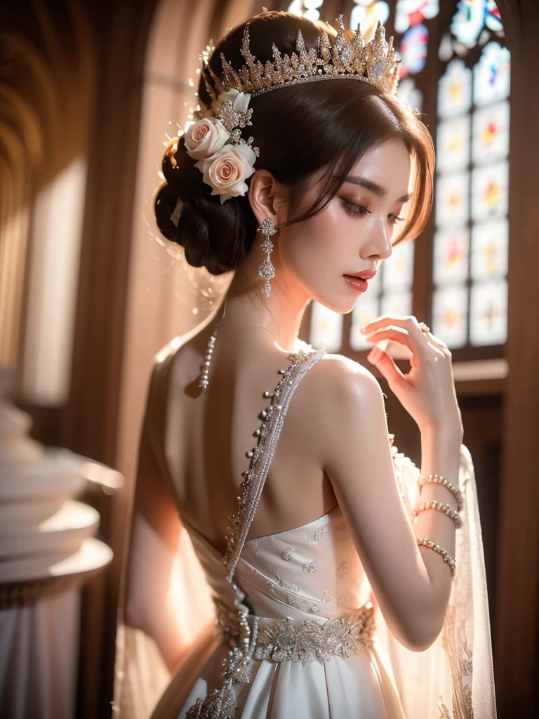 A woman, looking ethereal with her subtle stance and luminous skin, is clad in an enchanting white wedding dress exquisitely adorned with pearls and diamonds. She stands in the aisle of the monumental, age-old cathedral, relishing the mild light shimmering in through the stained glass windows. This light casts a divine play of hues onto her dress, giving it an otherworldly allure. The photographer positions the camera for a low-angle, face-on shot, emphasizing the symmetry of the cathedral and her serenity, (Close up shot: 1.6), (look back pose: 1.6).