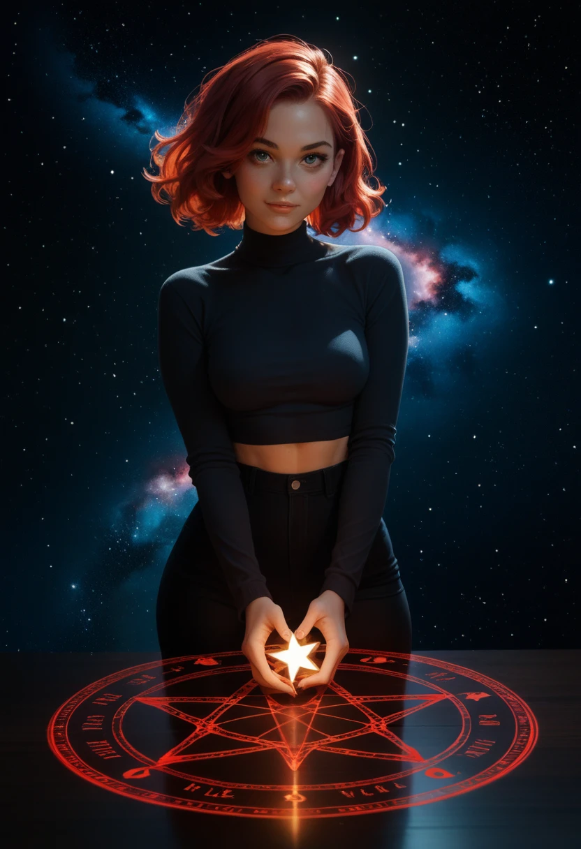 score_9, score_8_up, score_7_up,score_6_up, score_5_up, 1girl, looking at the viewer, red hair,  space, star, magic, Magic Circle