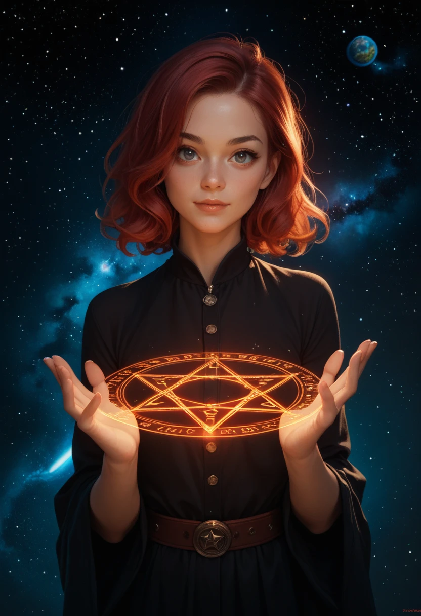 score_9, score_8_up, score_7_up,score_6_up, score_5_up, 1girl, looking at the viewer, red hair,  space, star, magic, Magic Circle