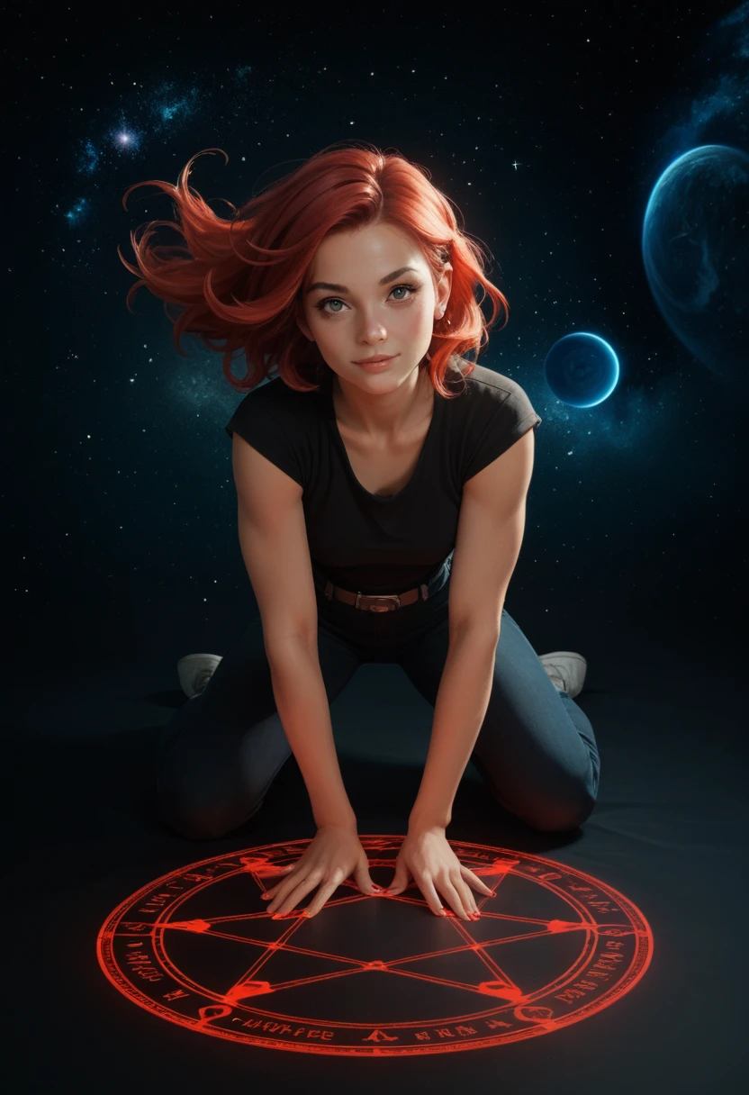 score_9, score_8_up, score_7_up,score_6_up, score_5_up, 1girl, looking at the viewer, red hair,  space, star, magic, Magic Circle